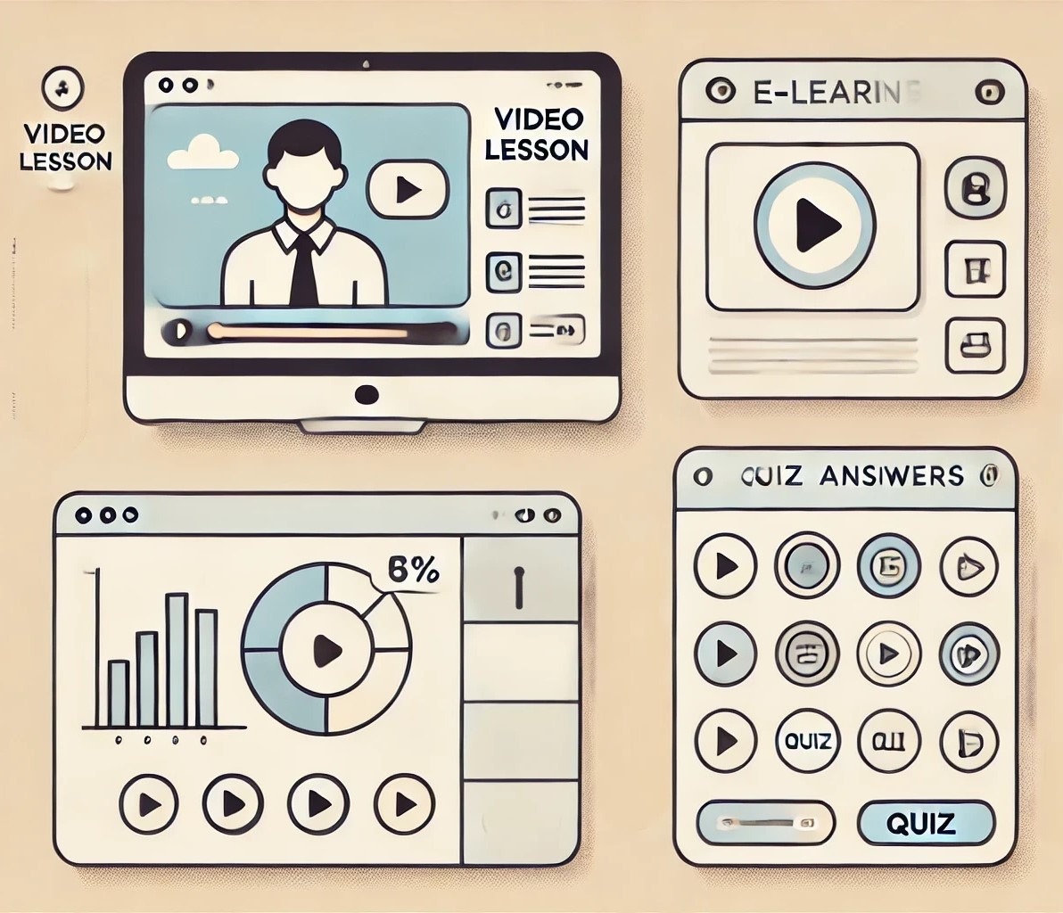 A cartoon showing various learning engagement tools: Video, e-learning, quiz, and analytics of learning behavior.